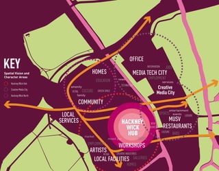 OFFICE
KEY
Spatial Vision and                          HOMES
                                                                                        INFORMATION

                                                                            MEDIA TECH CITY
                                                                                                         JOBS

Character Areas                                                                         EMPLOYMENT
                                                                 news
                                                 EDUCATION                                            services
    Hackney Wick Hub
                                                                   TECHNOLOGY
    Creative Media City
                              amenity                                                             Creative
                               RETAIL CULTURE     GREEN SPACE
    Hackney Wick North              family
                                                                                                  Media City
                                  COMMUNITY
                                                                                                            entertainment
                           LOCAL                                                                   SPORTS     events LEISURE

                          SERVICES                                     HACKNEY                           MUSV
                                                                                           NEW
                                                                        WICK              HOMES        RESTAURANTS
                                        market
                                                                         HUB                          CULTURE
                                                                                                                BARS
                                                           mixed use            SHOPS
                                          EMPLOYMENT
                                                                  WORKSHOPS
                                           ARTISTS
                                                 RETAIL CREATIVE INDUSTRIES

                                             LOCAL FACILITIES GALLERIES
                                                                        HOMES
 