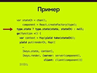 Пример
var stateCh = chan(),
component = React.createFactory(type);
type.state ? type.state(state, stateCh) : null;
go(function *() {
var context = Map(yield take(stateCh));
yield put(renderCh, Map([
…
[keys.state, context],
[keys.render, {server: server(component),
client: client(component)}]
]))});
 