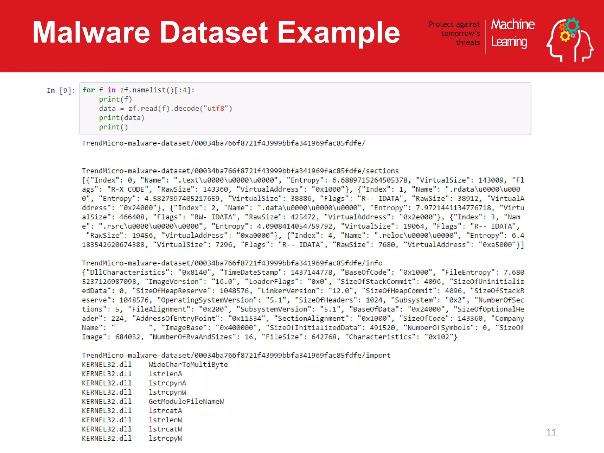 Machine
Learning
Protect against
tomorrow’s
threatsMalware Dataset Example
112017/7/16
 