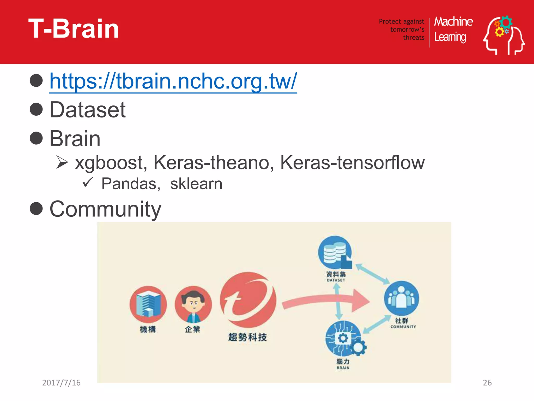 Machine
Learning
Protect against
tomorrow’s
threatsT-Brain
 https://tbrain.nchc.org.tw/
 Dataset
 Brain
 xgboost, Keras-theano, Keras-tensorflow
 Pandas, sklearn
 Community
262017/7/16
 