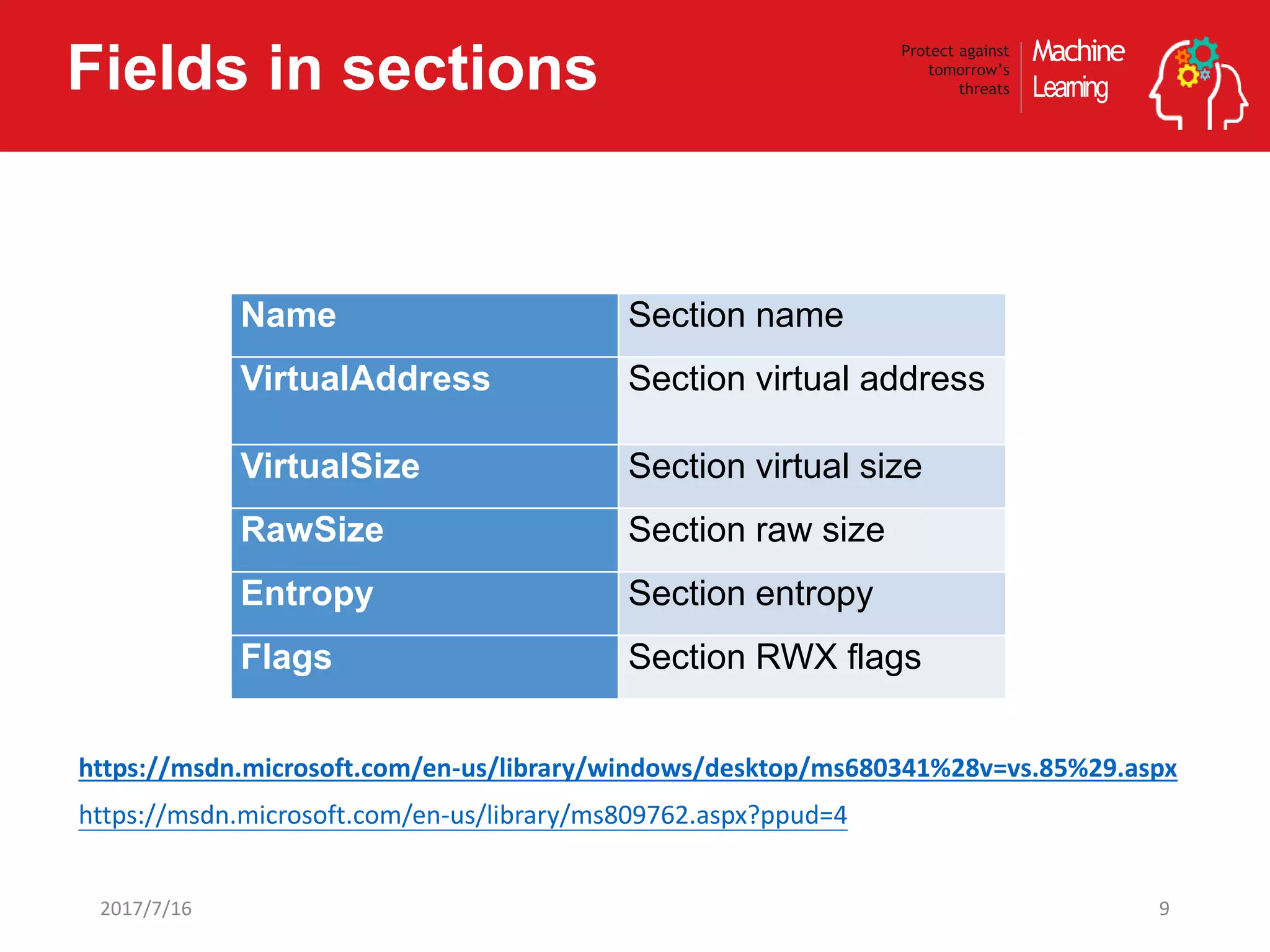 Machine
Learning
Protect against
tomorrow’s
threatsFields in sections
92017/7/16
Name Section name
VirtualAddress Section virtual address
VirtualSize Section virtual size
RawSize Section raw size
Entropy Section entropy
Flags Section RWX flags
https://msdn.microsoft.com/en-us/library/windows/desktop/ms680341%28v=vs.85%29.aspx
https://msdn.microsoft.com/en-us/library/ms809762.aspx?ppud=4
 