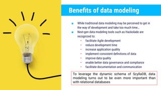 Beneﬁts of data modeling
■ While traditional data modeling may be perceived to get in
the way of development and take too much time…
■ Next-gen data modeling tools such as Hackolade are
recognized to:
• facilitate Agile development
• reduce development time
• increase application quality
• implement consistent deﬁnitions of data
• improve data quality
• enable better data governance and compliance
• facilitate documentation and communication
To leverage the dynamic schema of ScyllaDB, data
modeling turns out to be even more important than
with relational databases
 