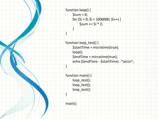 function loop() {
$sum = 0;
for ($i = 0; $i < 1000000; $i++) {
$sum += $i * 2;
}
}
function loop_test() {
$startTime = microtime(true);
loop();
$endTime = microtime(true);
echo ($endTime - $startTime) . "secn";
}
function main() {
loop_test();
loop_test();
loop_test();
}
main();
 
