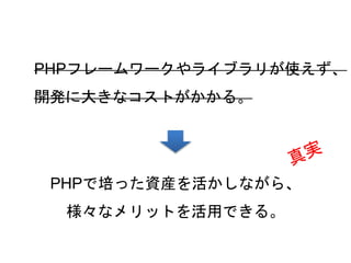 57
PHPフレームワークやライブラリが使えず、
開発に大きなコストがかかる。
PHPで培った資産を活かしながら、
様々なメリットを活用できる。
 