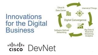 Leveraging Cisco APIs examples
Innovations
for the Digital
Business
Internet of Things
Big Data &
Real-time
Streaming
Analytics
Software Defined
Networking
Cloud &
Data Center
Digital Convergence
 