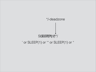SLEEP(1) /**/
‘ or SLEEP(1) or ‘“ or SLEEP(1) or “
SLEEP(1)
*/-deadzone
 