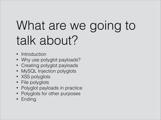 What are we going to
talk about?
• Introduction
• Why use polyglot payloads?
• Creating polyglot payloads
• MySQL Injection polyglots
• XSS polyglots
• File polyglots
• Polyglot payloads in practice
• Polyglots for other purposes
• Ending
 