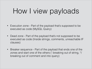 How I view payloads
• Execution zone - Part of the payload that’s supposed to be
executed as code (MySQL Query)
• Dead zone - Part of the payload that’s not supposed to be
executed as code (Inside strings, comments, unreachable IF
clauses)
• Breaker sequence - Part of the payload that ends one of the
zones and start one of the others (‘ breaking out of string, */
breaking out of comment and into query)
 