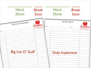 Work	

25min
ACT

Work	

25min

Break	

5min

RY
Y INVENTO
IVIT

Break	

5min

TO DO TODAY
NAME

DATE

AME

Big List O’ Stuff

Daily Implement

 