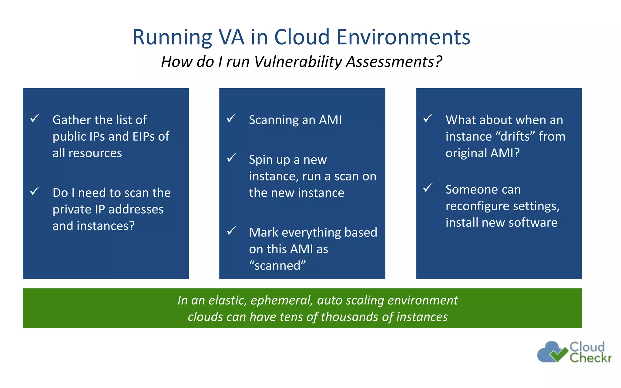 Running VA in Cloud Environments
How do I run Vulnerability Assessments?
 Gather the list of
public IPs and EIPs of
all resources
 Do I need to scan the
private IP addresses
and instances?
 Scanning an AMI
 Spin up a new
instance, run a scan on
the new instance
 Mark everything based
on this AMI as
“scanned”
 What about when an
instance “drifts” from
original AMI?
 Someone can
reconfigure settings,
install new software
In an elastic, ephemeral, auto scaling environment
clouds can have tens of thousands of instances
 
