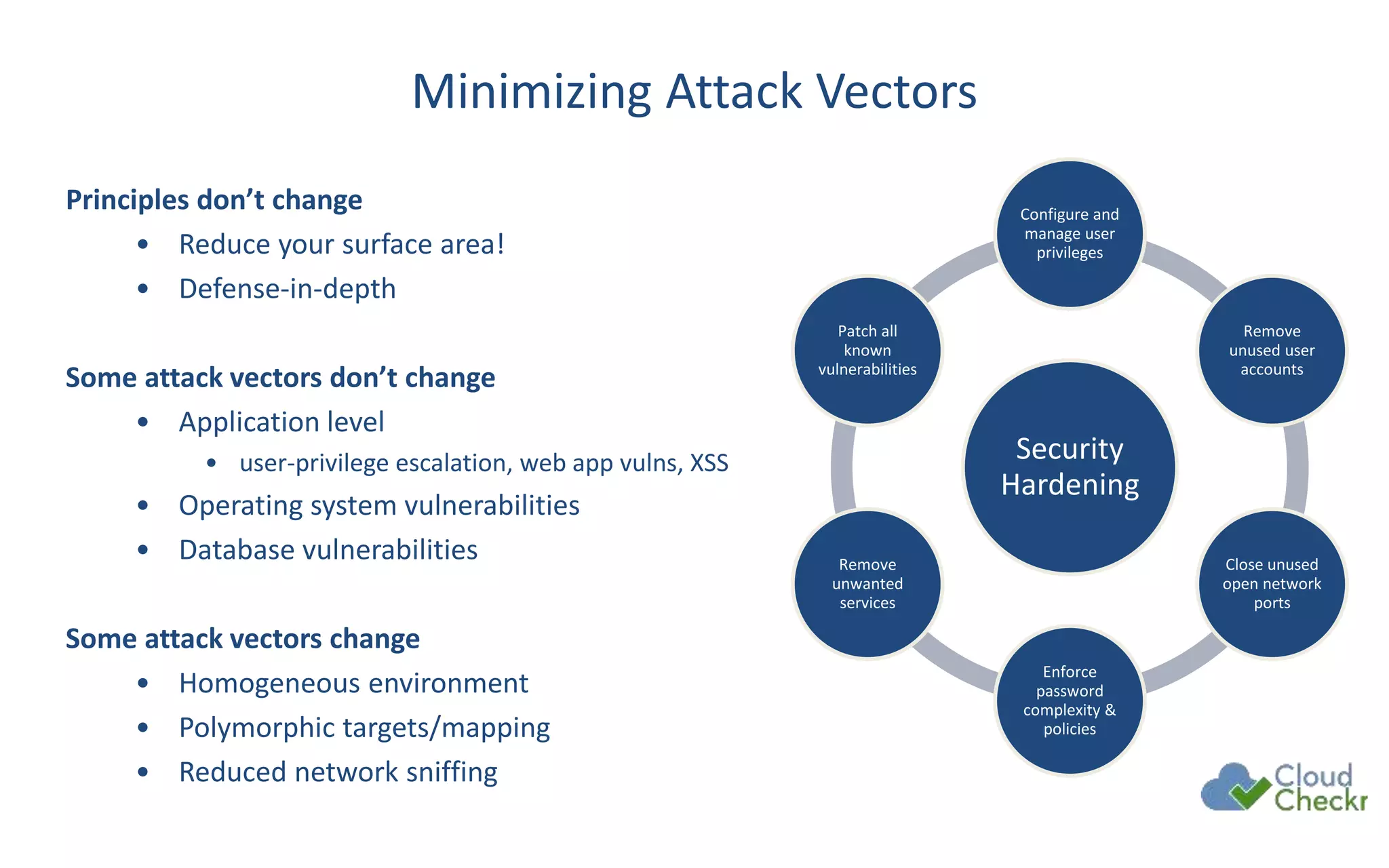 Minimizing Attack Vectors
Principles don’t change
• Reduce your surface area!
• Defense-in-depth
Some attack vectors don’t change
• Application level
• user-privilege escalation, web app vulns, XSS
• Operating system vulnerabilities
• Database vulnerabilities
Some attack vectors change
• Homogeneous environment
• Polymorphic targets/mapping
• Reduced network sniffing
Security
Hardening
Configure and
manage user
privileges
Remove
unused user
accounts
Close unused
open network
ports
Enforce
password
complexity &
policies
Remove
unwanted
services
Patch all
known
vulnerabilities
 