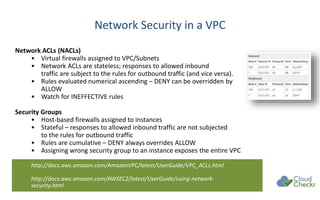 Network Security in a VPC
Network ACLs (NACLs)
• Virtual firewalls assigned to VPC/Subnets
• Network ACLs are stateless; responses to allowed inbound
traffic are subject to the rules for outbound traffic (and vice versa).
• Rules evaluated numerical ascending – DENY can be overridden by
ALLOW
• Watch for INEFFECTIVE rules
Security Groups
• Host-based firewalls assigned to instances
• Stateful – responses to allowed inbound traffic are not subjected
to the rules for outbound traffic
• Rules are cumulative – DENY always overrides ALLOW
• Assigning wrong security group to an instance exposes the entire VPC
http://docs.aws.amazon.com/AmazonVPC/latest/UserGuide/VPC_ACLs.html
http://docs.aws.amazon.com/AWSEC2/latest/UserGuide/using-network-
security.html
 