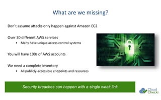 What are we missing?
Don’t assume attacks only happen against Amazon EC2
Over 30 different AWS services
• Many have unique access control systems
You will have 100s of AWS accounts
We need a complete inventory
• All publicly-accessible endpoints and resources
Security breaches can happen with a single weak link
 