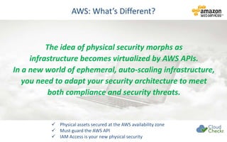 AWS: What’s Different?
The idea of physical security morphs as
infrastructure becomes virtualized by AWS APIs.
In a new world of ephemeral, auto-scaling infrastructure,
you need to adapt your security architecture to meet
both compliance and security threats.
 Physical assets secured at the AWS availability zone
 Must guard the AWS API
 IAM Access is your new physical security
 