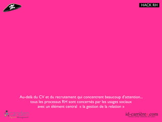 HACK RH




Au-delà du CV et du recrutement qui concentrent beaucoup d’attention...
      tous les processus RH sont concernés par les usages sociaux
          avec un élément central « la gestion de la relation »
 