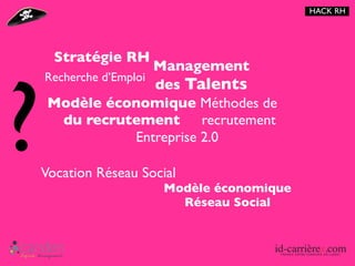 HACK RH




      Stratégie RH
                       Management




?
    Recherche d’Emploi
                       des Talents
    Modèle économique Méthodes de
       du recrutement recrutement
                    Entreprise 2.0

    Vocation Réseau Social
                        Modèle économique
                          Réseau Social
 