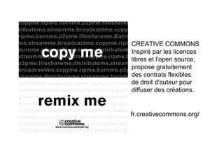 CREATIVE COMMONS
Inspiré par les licences
libres et l'open source,
propose gratuitement
des contrats flexibles
de droit d'auteur pour
diffuser des créations.


fr.creativecommons.org/
 