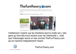 TheFunTheory




Visiblement ‘inspiré’ par les Dorkbots dont le motto est « des
gens qui font des trucs bizarre avec de l’électricité », voilà
que Volkswagen lance un site nommé TheFunTheory.com
qui en reprend intégralement l’esprit.

                            TheFunTheory.com
 