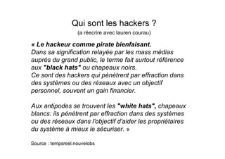 Qui sont les hackers ?
                    (a réecrire avec lauren courau)

« Le hackeur comme pirate bienfaisant.
Dans sa signification relayée par les mass médias
auprès du grand public, le terme fait surtout référence
aux "black hats" ou chapeaux noirs.
Ce sont des hackers qui pénètrent par effraction dans
des systèmes ou des réseaux avec un objectif
personnel, souvent un gain financier.

Aux antipodes se trouvent les "white hats", chapeaux
blancs: ils pénètrent par effraction dans des systèmes
ou des réseaux dans l'objectif d'aider les propriétaires
du système à mieux le sécuriser. »

Source : tempsreel.nouvelobs
 