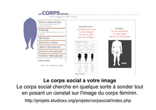 Le corps social a votre image
Le corps social cherche en quelque sorte à sonder tout
  en posant un constat sur l'image du corps féminin.
   http://projets.studioxx.org/projets/corpsocial/index.php
 