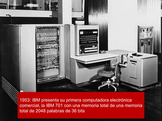1953: IBM presenta su primera computadora electrónica
comercial, la IBM 701 con una memoria total de una memoria
total de 2048 palabras de 36 bits
 