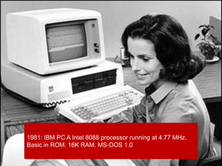 1981: IBM PC A Intel 8088 processor running at 4.77 MHz.
Basic in ROM. 16K RAM. MS-DOS 1.0
 