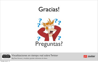 Gracias!




                                                             Preguntas?
                        Visualizaciones en tiempo real sobre Twitter
                        Big Data: Extraer y visualizar grandes volúmenes de datos
Thursday, June 21, 12
 