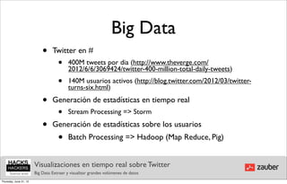 Big Data
                            •    Twitter en #
                                     •    400M tweets por dia (http://www.theverge.com/
                                          2012/6/6/3069424/twitter-400-million-total-daily-tweets)
                                     •    140M usuarios activos (http://blog.twitter.com/2012/03/twitter-
                                          turns-six.html)

                            •    Generación de estadísticas en tiempo real
                                     •    Stream Processing => Storm

                            •    Generación de estadísticas sobre los usuarios
                                     •    Batch Processing => Hadoop (Map Reduce, Pig)


                        Visualizaciones en tiempo real sobre Twitter
                        Big Data: Extraer y visualizar grandes volúmenes de datos
Thursday, June 21, 12
 