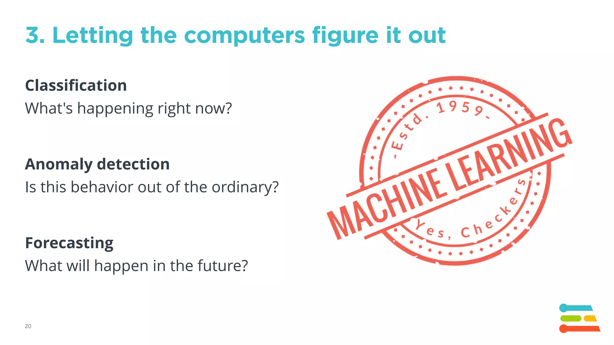 Classification
What's happening right now?
Anomaly detection
Is this behavior out of the ordinary?
Forecasting
What will happen in the future?
20
3. Letting the computers figure it out
 