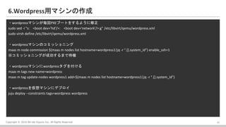 Copyright ? 2016 Bit-isle Equinix Inc. All Rights Reserved
6.Wordpressåޥ
?wordpressޥ󤬚PXE֩`Ȥ򤹤褦
sudo sed -i "s: <boot dev='hd'/>: <boot dev='network'/>:g" /etc/libvirt/qemu/wordpress.xml
sudo virsh define /etc/libvirt/qemu/wordpress.xml
?wordpressޥΥߥå˥
maas m node commission $(maas m nodes list hostname=wordpress1|jq -r ".[].system_id") enable_ssh=1
ߥå˥󥰤ɹޤǴC
?wordpressޥwordpress򸶤
maas m tags new name=wordpress
maas m tag update-nodes wordpress1 add=$(maas m nodes list hostname=wordpress1|jq -r ".[].system_id")
?wordpressޥ˥ǥץ
juju deploy --constraints tags=wordpress wordpress
21
 
