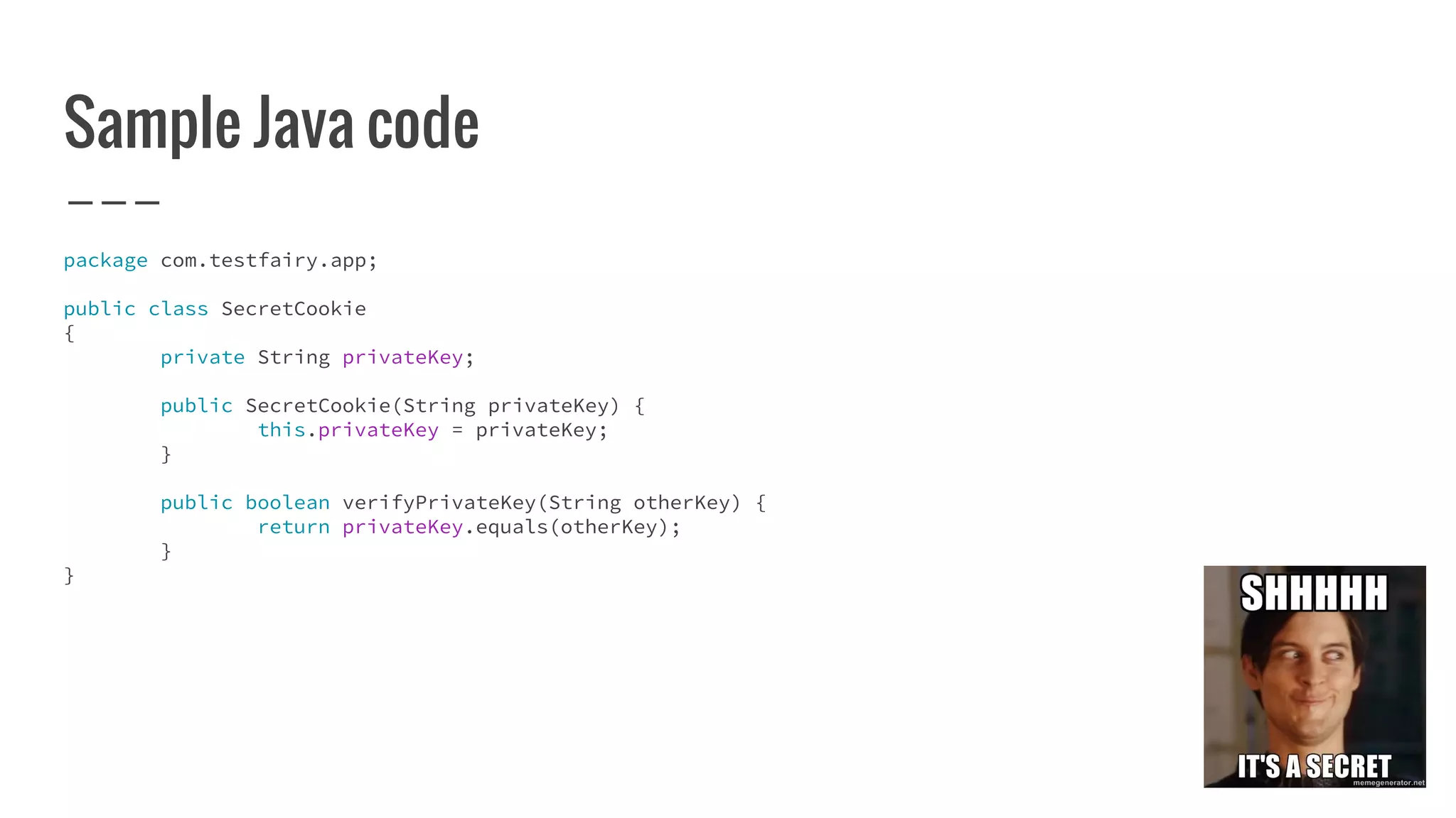 Sample Java code
package com.testfairy.app;
public class SecretCookie
{
private String privateKey;
public SecretCookie(String privateKey) {
this.privateKey = privateKey;
}
public boolean verifyPrivateKey(String otherKey) {
return privateKey.equals(otherKey);
}
}
 
