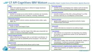 © IBM Corporation 5
AlchemyAPI
• analyse votre texte non structuré et vos contenus images
Cognitive Commerce™, Cognitive Graph, Cognitive Insights™
• 3 APIs tierces proposées par Cognitive Scales pour améliorer la
relation clients.
Language Translation
• traduit un texte d'une langue à l'autre.
17 API Cognitives IBM Watson (Disponibles depuis la plate-forme d’innovation digitale Bluemix)
Text to Speech
• Synthétise un texte écrit en sons naturels
Personality Insights
• Identifie les traits psychologiques d’un individu à partir de données
issues des réseaux sociaux ou d’autres médias transactionnels
Natural Language Classifier
• Utilise le Machine Learning pour relier un court texte à une intension. Un
classement par ordre de probabilité permet de proposer « the next best
action »
Document Conversion
• convertit un document HTML, PDF ou Microsoft Word ™ en HTML
normalisé, texte brut, ou un set Réponse au format JSON.
Dialog
• Rend votre application dynamique en utilisant le langage naturel pour
dialoguer avec les utilisateurs
Concept Insights
• Identifie les concepts qui se cachent derrière vos données non structurées,
et leurs correspondances bien au-delà du « matching » traditionnel.
Relationship Extraction
• trouve les relations entre les contenus de phrases (noms, verbes, sujets,
objets, etc.)
Speech To Text
• Transcription quasi-temps réel du discours parlé en texte
Retrieve and Rank
• ajoute à votre application des capacités de recherche douées
d'apprentissage automatique
Tone Analyzer
• aide à détecter et à comprendre le ton linguistique d’un individu,
ses émotions, son appartenance sociales ou son style littéraire à
partir de ses écrits.
Tradeoff Analytics
• aide à faire le meilleur choix dans le cadre de d’objectifs multiples et
contradictoires. Combine la visualisation intelligente et des
recommandations pour optimiser les compromis
Visual Recognition
• analyse du contenu visuel des images et des vidéos pour comprendre leur
contenu en l’absence de description textuelle
 