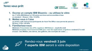6© IBM Corporation
Tenez vous prêt
1. Ouvrez un compte IBM Bluemix – ou utilisez le vôtre
les 17 APIs IBM Watson et 120 autres services sont accessibles à tous
en standard : 30 jours / 2Go / 10 APIs
2. Mettez vous à l’aise
un promo code réservé aux participants de Hack The Office vous permet de passer à
90 jours / 8 Go / 40 APIs
3. Familiarisez-vous
Webinaire Présentation des APIs cognitives IBM Watson - Jeudi 26 à midi
Webinaire Exploiter l'environnement IBM pour créer des applications Cognitives vendredi 27 à midi
et aussi : Des MOOCs, des démos, des galléries, des exemples de codes…..
4. Page web “Hack Guide” : ibm.biz/hacktheoffice
IBM Bluemix
Rendez-vous vendredi 3 juin
7 experts IBM seront à votre disposition
 