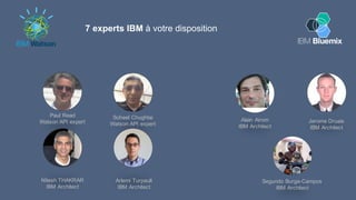 IBM
Bluemix
Nitesh THAKRAR
IBM Architect
Paul Read
Watson API expert
Soheel Chughtai
Watson API expert
Alain Airom
IBM Architect
Jerome Druais
IBM Architect
Arlemi Turpault
IBM Architect
Segundo Burga-Campos
IBM Architect
7 experts IBM à votre disposition
 