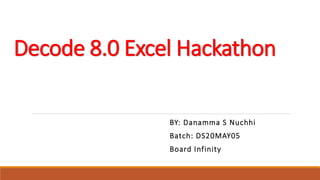Decode 8.0 Excel Hackathon
BY: Danamma S Nuchhi
Batch: DS20MAY05
Board Infinity
 