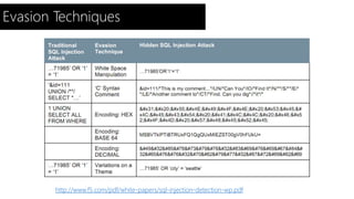 Evasion Techniques 
http://www.f5.com/pdf/white-papers/sql-injection-detection-wp.pdf 
 