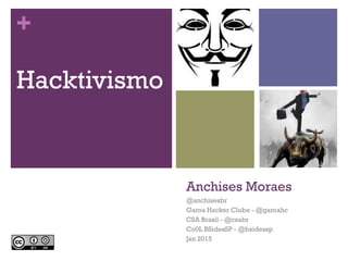 +
Anchises Moraes
@anchisesbr
Garoa Hacker Clube - @garoahc
CSA Brasil - @csabr
Co0L BSidesSP - @bsidessp
Jan 2015
Hacktivismo
 