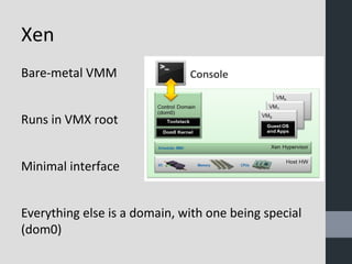 Xen 
Bare-metal VMM 
Runs in VMX root 
Minimal interface 
Everything else is a domain, with one being special 
(dom0) 
 