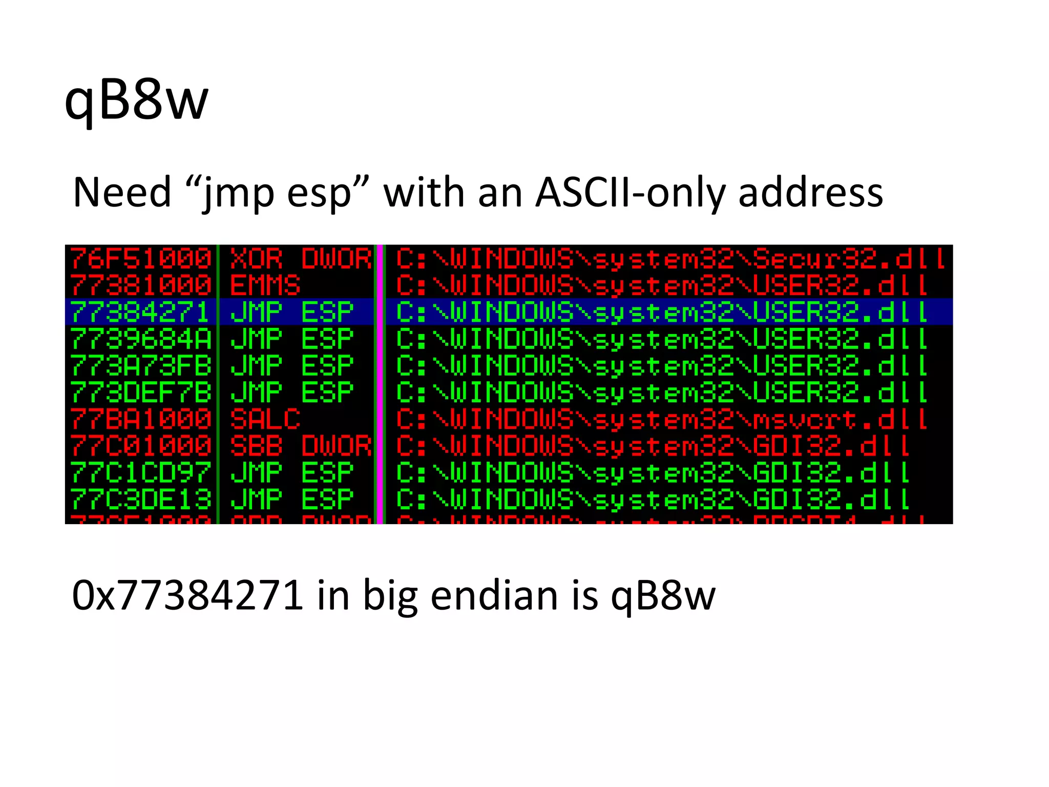 qB8w
Need “jmp esp” with an ASCII-only address
0x77384271 in big endian is qB8w
 