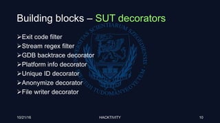 Building blocks – SUT decorators
Exit code filter
Stream regex filter
GDB backtrace decorator
Platform info decorator
Unique ID decorator
Anonymize decorator
File writer decorator
10/21/16 HACKTIVITY 10
 