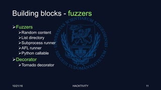 Building blocks - fuzzers
Fuzzers
Random content
List directory
Subprocess runner
AFL runner
Python callable
Decorator
Tornado decorator
10/21/16 HACKTIVITY 11
 