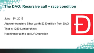 The DAO: Recursive call + race condition
June 18th, 2016
Attacker transfers Ether worth $250 million from DAO
That is 1250 Lamborghinis
Reentrancy at the splitDAO function
 
