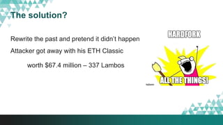 The solution?
Rewrite the past and pretend it didn’t happen
Attacker got away with his ETH Classic
worth $67.4 million – 337 Lambos
 