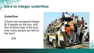 Intro to integer underflow
Underflow
If there are (unsigned integer
8) 3 people on the bus, and
four of them took of the bus,
how many people are still on
the bus?
255
 