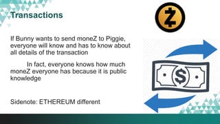 Transactions
If Bunny wants to send moneZ to Piggie,
everyone will know and has to know about
all details of the transaction
In fact, everyone knows how much
moneZ everyone has because it is public
knowledge
Sidenote: ETHEREUM different
 