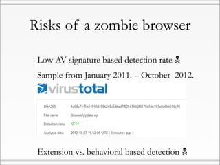 Risks of a zombie browser

• Low AV signature based detection rate 
• Sample from January 2011. – October 2012.

            0/44




• Extension vs. behavioral based detection 
 