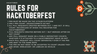 PRS MUST BE MADE ON THE GITHUB PLATFORM
ONLY PRS COUNT. ISSUES/COMMITS DO NOT
ALL PULL REQUESTS CREATED BETWEEN OCT. 1 AND OCT. 31 WILL
COUNT, REGARDLESS OF WHEN YOU REGISTER FOR
HACKTOBERFEST
PULL REQUESTS CREATED BEFORE OCT. 1 BUT MERGED AFTER DO
NOT COUNT
ANY PULL REQUEST MADE ON A PUBLIC REPOSITORY COUNTS,
WHETHER IT’S ATTACHED TO A HACKTOBERFEST ISSUE OR NOT
EACH PULL REQUEST WILL COUNT SEPARATELY EVEN IF THE PRS
ARE SENT TO THE SAME REPO
THE PRS DO NOT NEED TO BE ACCEPTED TO COUNT UNLESS THEY
ARE SPAM, IRRELEVANT, OR LABELED AS INVALID
1.
2.
3.
4.
5.
6.
7.
RULES FOR
RULES FOR
HACKTOBERFEST
HACKTOBERFEST
HACKTOBER
 