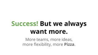 Success! But we always
want more.
More teams, more ideas,
more flexibility, more Pizza.

 